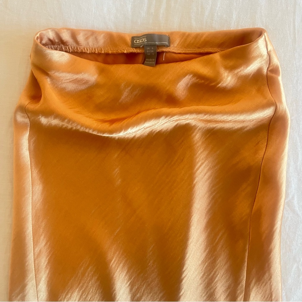 ASOS Orange Satin High Waist Midi Skirt with double side slits - Picture 5 of 7